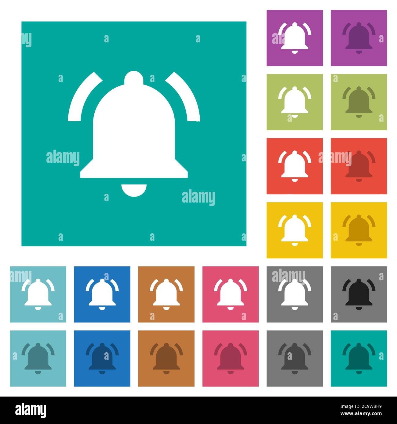 Active notification multi colored flat icons on plain square backgrounds. Included white and darker icon variations for hover or active effects. Stock Vector