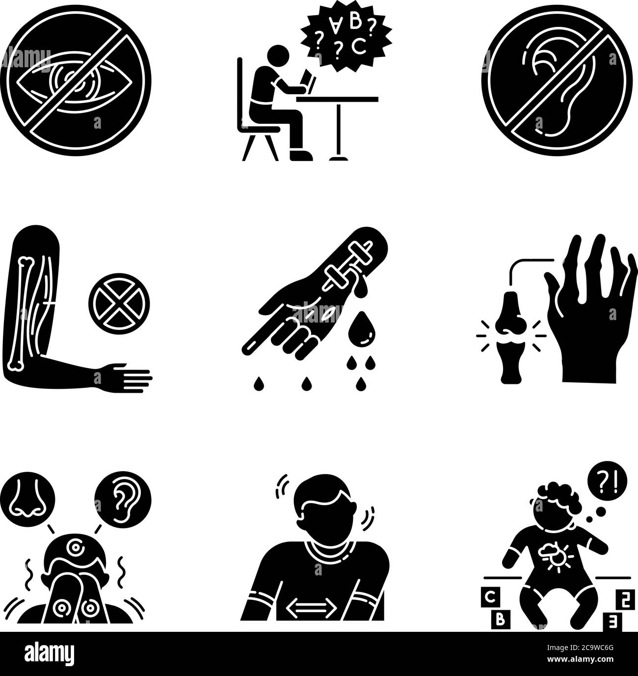 Illness types black glyph icons set on white space. Deafness and ...