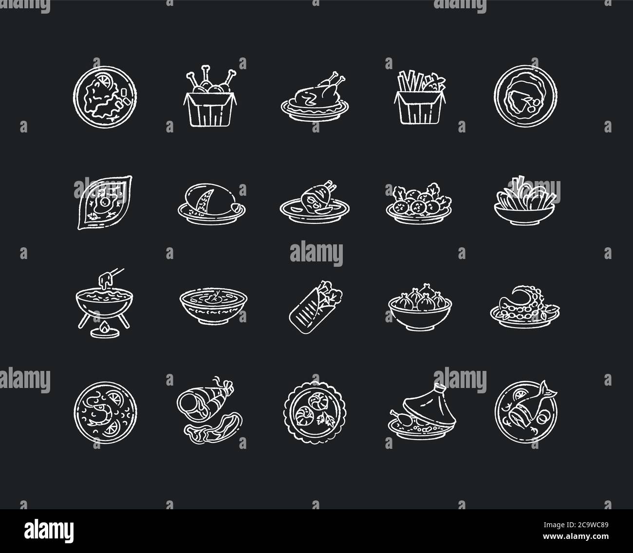 Best national dish chalk white icons set on black background. Traditional meal for tourist attraction. Lunch recipe. French fries. Chinese sea food. I Stock Vector