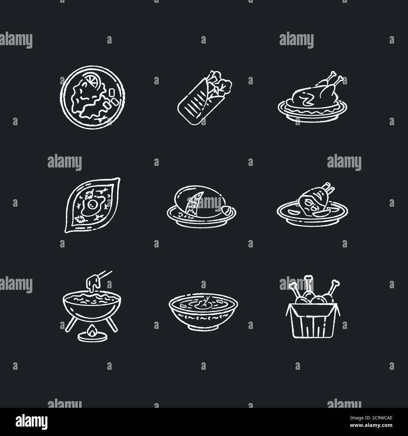 Cafe meals chalk white icons set on black background. Wrapped shawarma with meat and lettuce. Peking duck. Ukrainian borscht. Khachapuri recipe. Fast Stock Vector