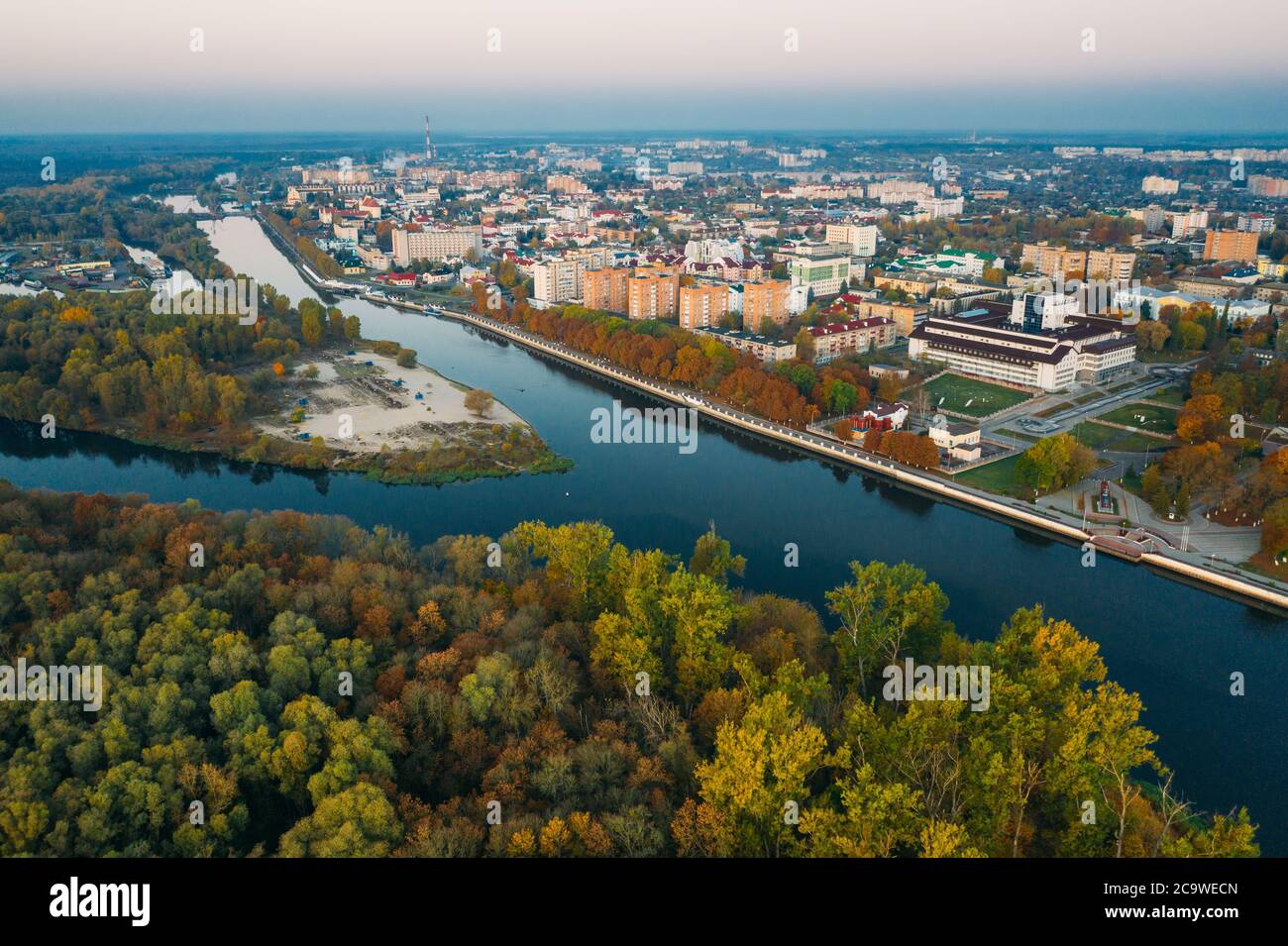 Pinsk, Brest Region Of Belarus, In The Polesia Region, At The Confluence Of The Pina River And The Pripyat River. Pinsk Cityscape Skyline In Autumn Stock Photo