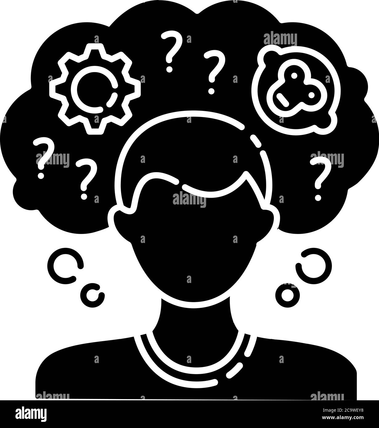 Intellectual disability black glyph icon. Person with short term memory loss. Think in confusion. Amnesiac man. Anxious question. Silhouette symbol on Stock Vector