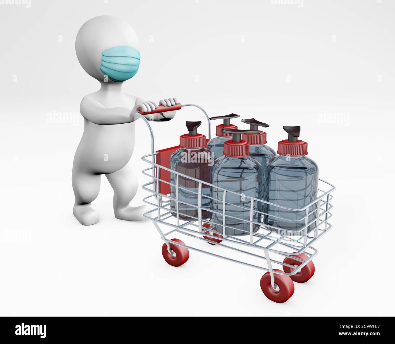 Man with a mask shopping for disinfectant 3d rendering isolated on white Stock Photo