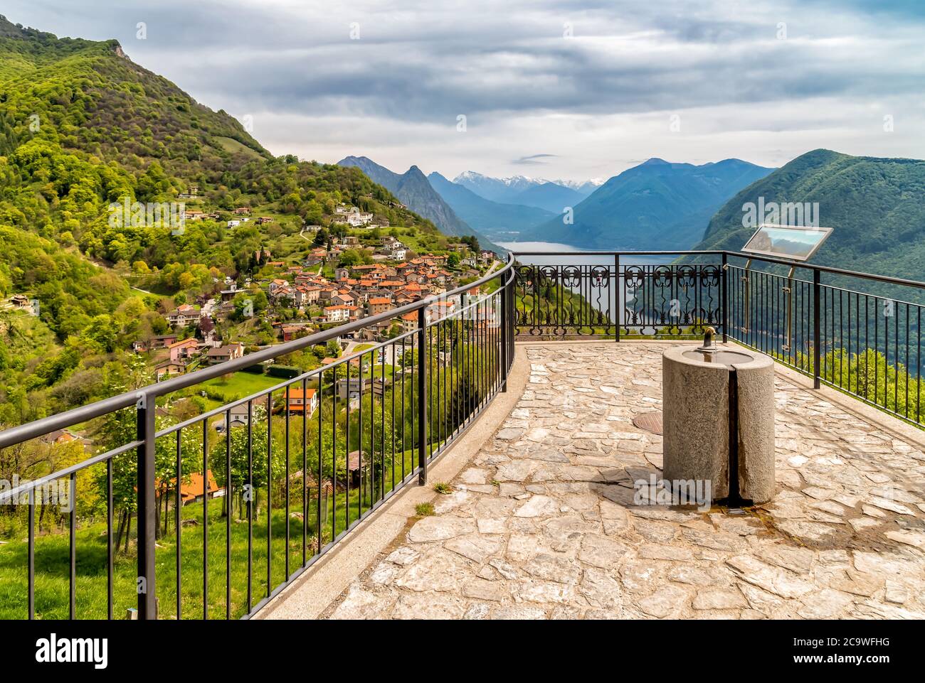 Scenic view of ancient small village Bre over the lake Lugano from Monte Bre, Ticino, Switzerland Stock Photo