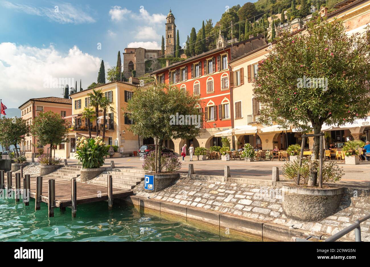 Morcote, Ticino, Switzerland -  September 26, 2019: View of picturesque village Morcote with outdoor bars and gift shops on the shore of lake Lugano i Stock Photo