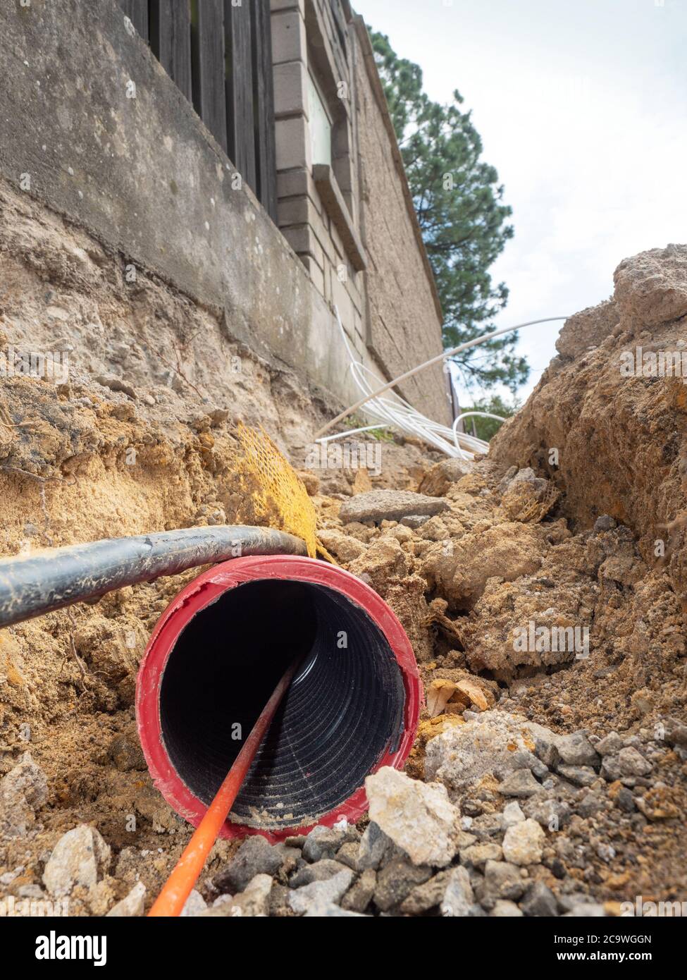 Building of lines of metallic and fiber optic cables construction of communication optical