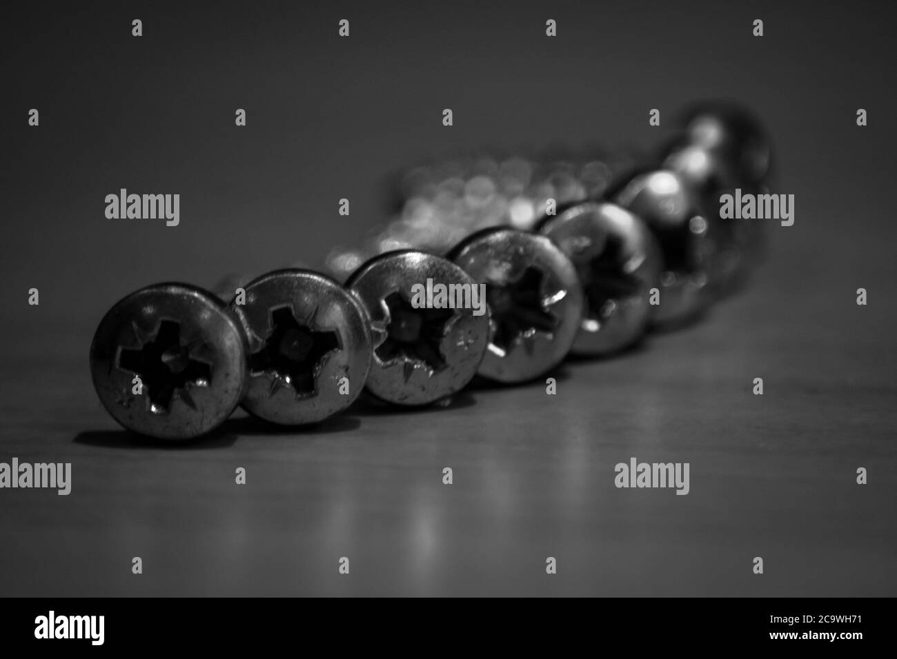 Macro of arranged screws in black and white Stock Photo