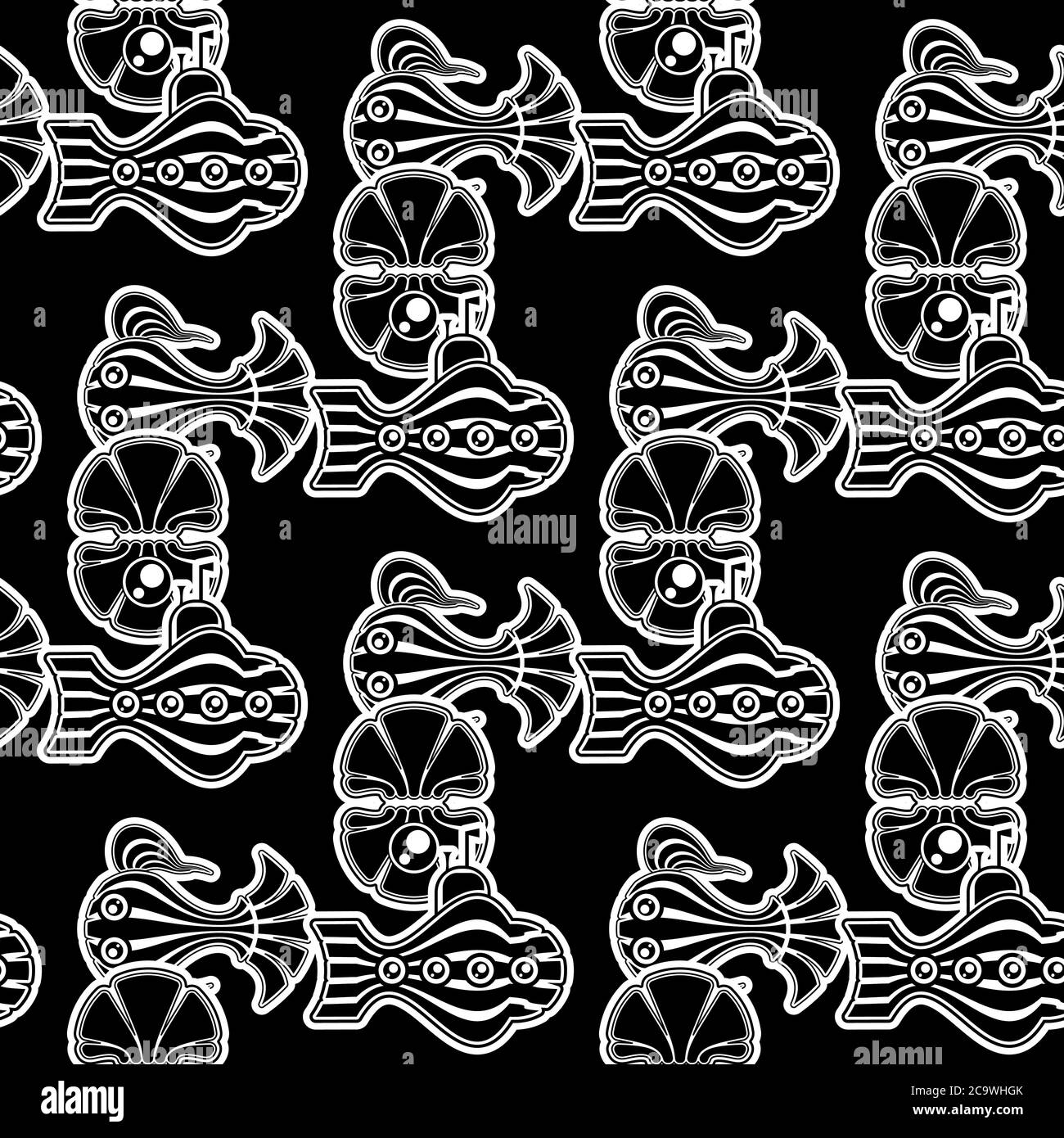 seamless pattern of a submarine fish seashell on a black background. Vector image Stock Vector