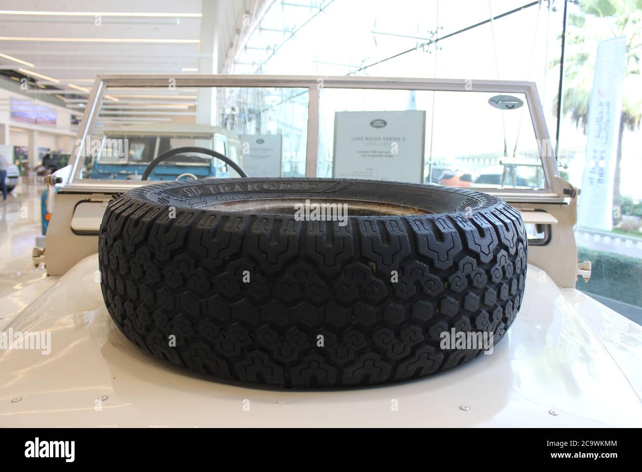 Legacy Rover Legacy Land Rover Defender model exhibited in a Land Rover showroom to ...