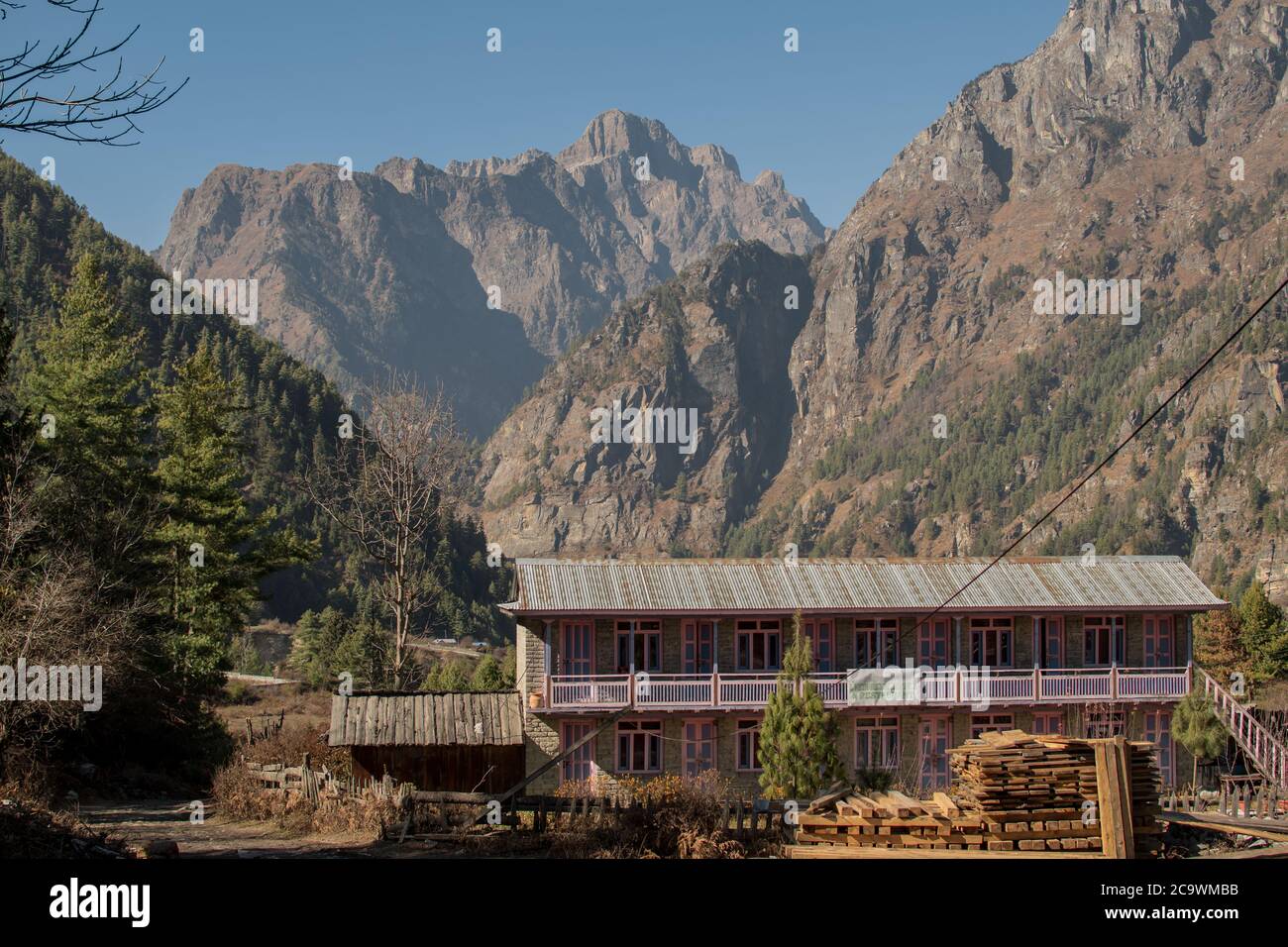 Trekking Annapurna circuit past mountain village and tea houses, Lamjung district, Himalaya, Nepal, Asia Stock Photo