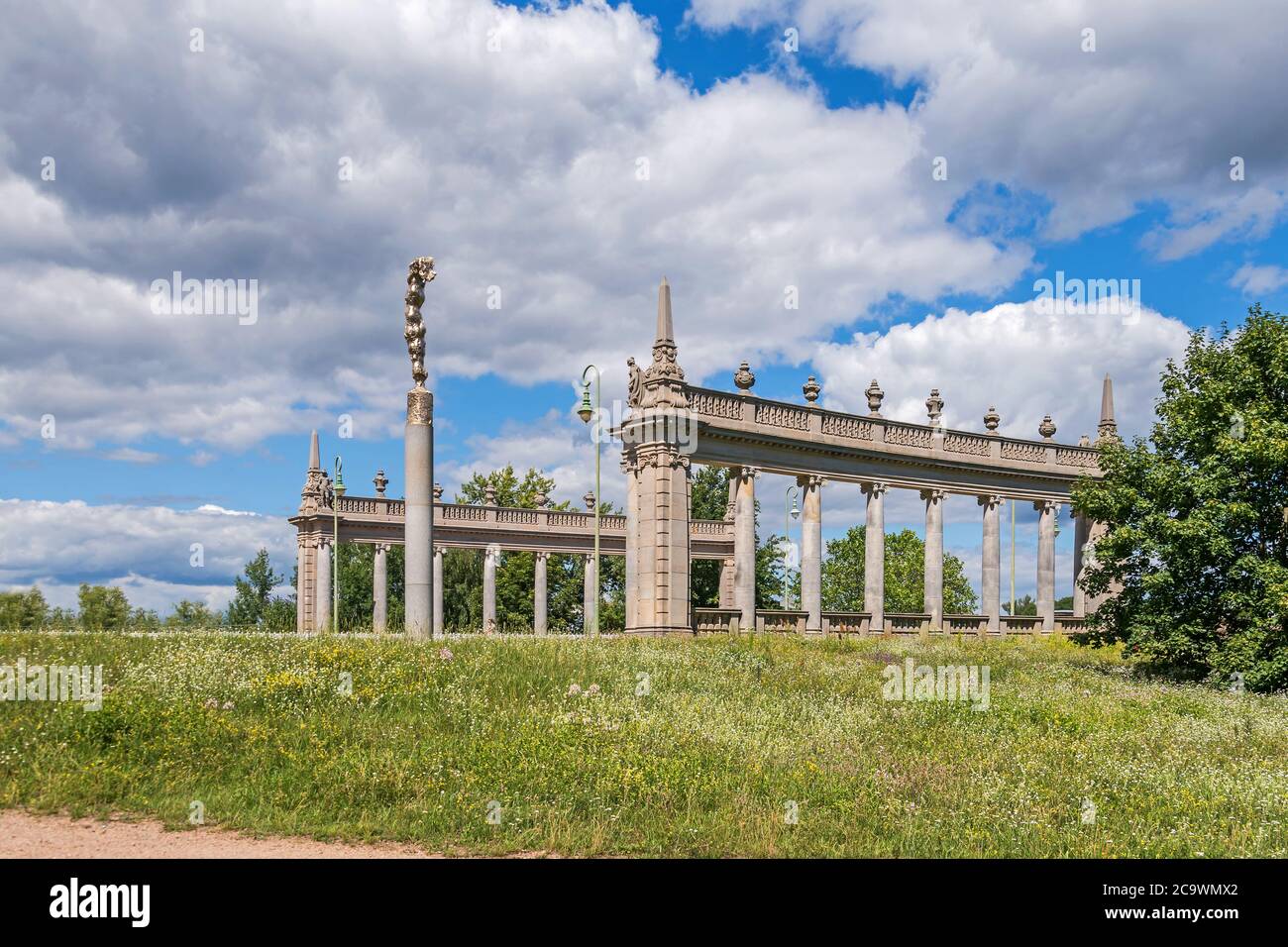 Potsdam, Germany -  July 12, 2020: Colonnades at the access road to the Glienicker Bridge (Berliner Street) in the direction of Berlin, designed  by t Stock Photo