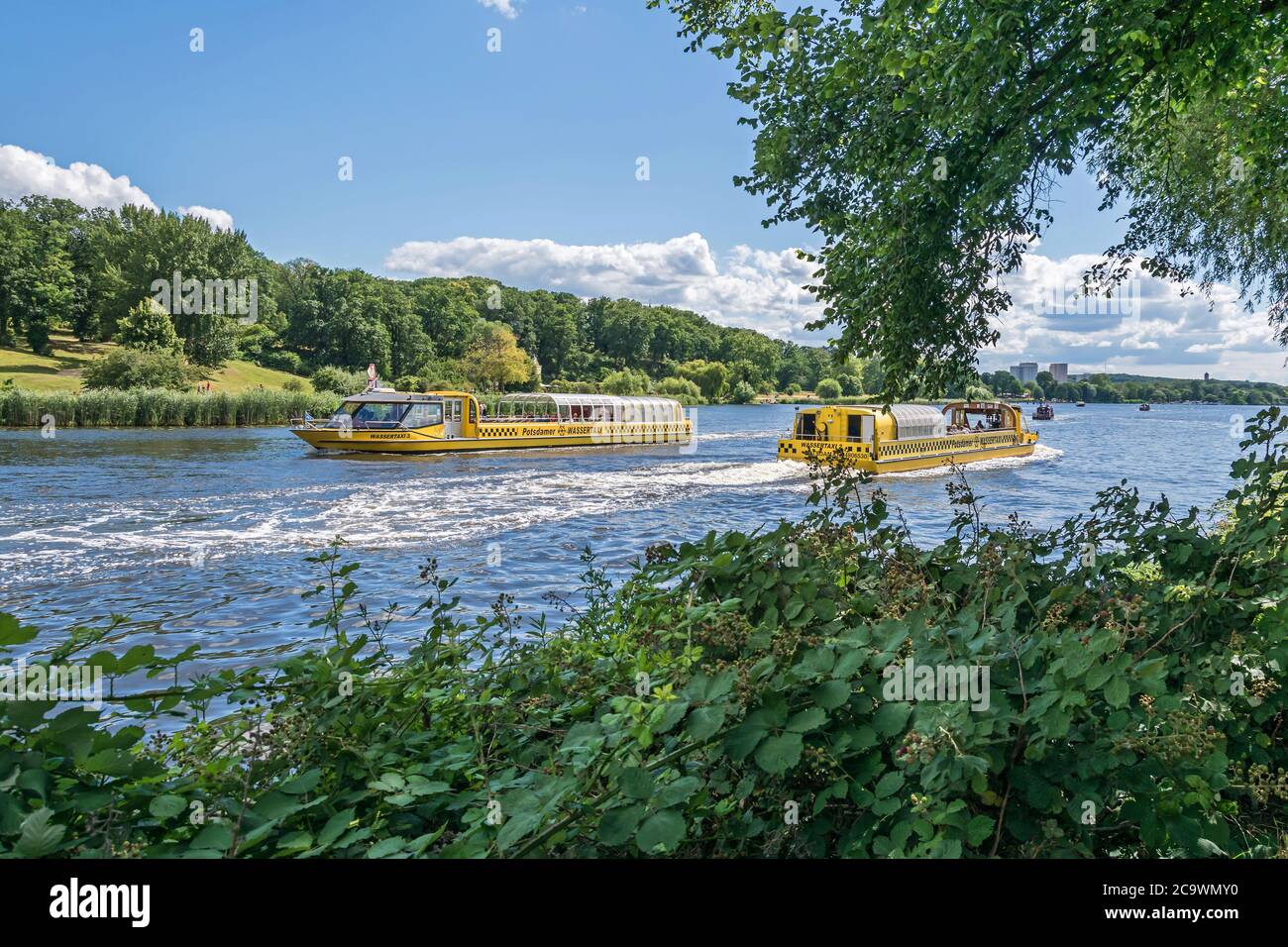 Potsdam, Germany -  July 12, 2020: Tiefer See (Tiefe Lake) with the Potsdam Water Taxi, a scheduled service by ship with a fixed schedule in the capit Stock Photo