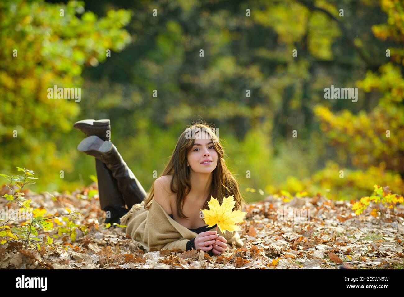 Happy young beautiful woman laying on autumn leaves Stock Photo - Alamy