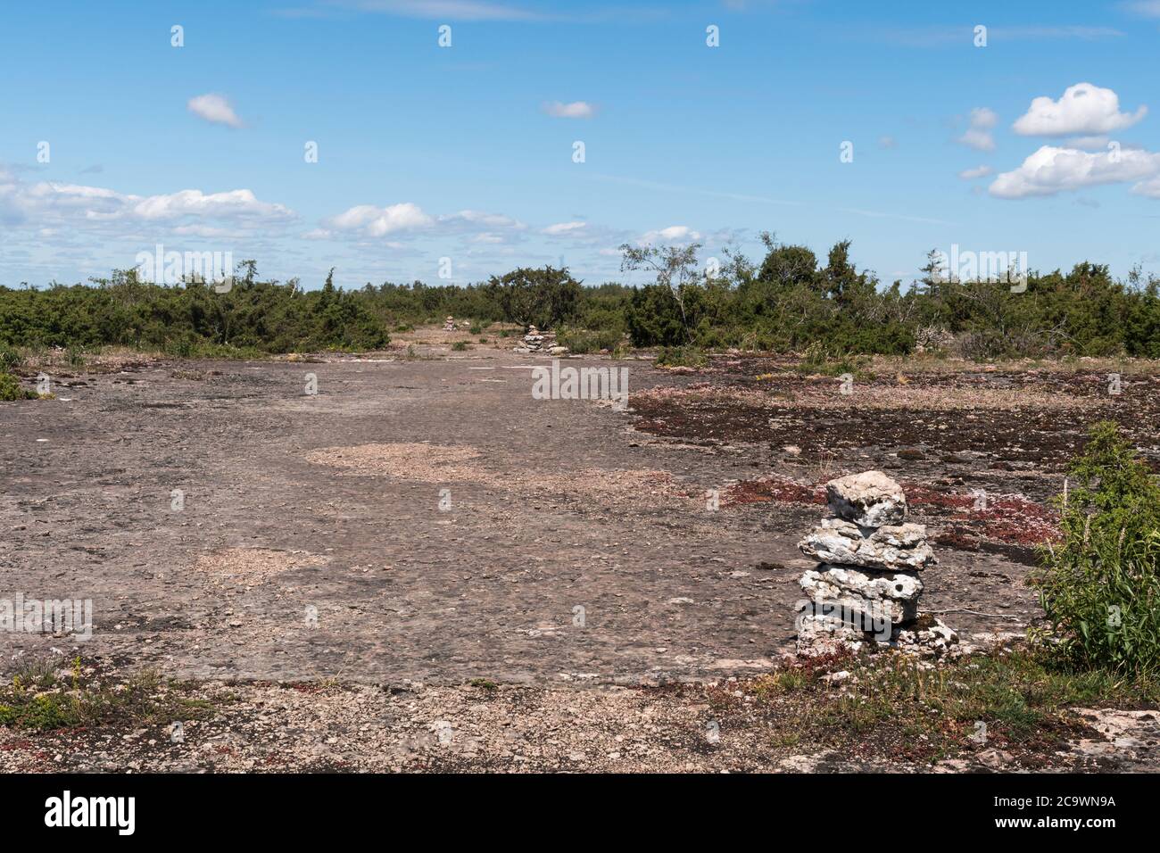 Footpath marked with cairns  in the great plain grassland Stora alvaret on the island Oland in Sweden Stock Photo