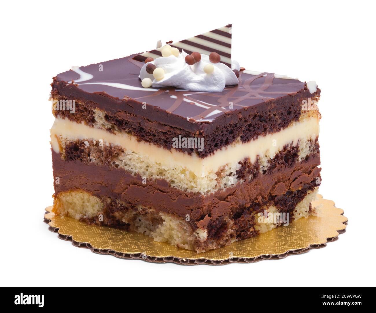 Chocolate Layered Bar Cake Isolated on White. Stock Photo