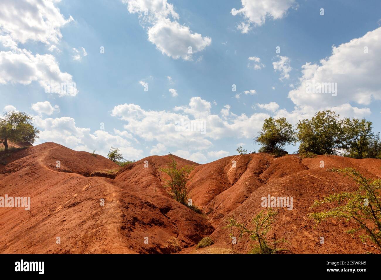 Red clay terrain, a rare geological phenomenon, as seen near Preveza city, in Epirus region, Greece, Europe. Stock Photo