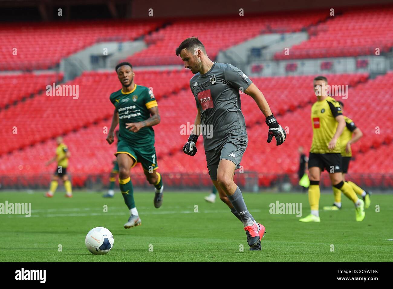 LONDON, UK. August 2nd 2020 - James Belshaw (1) of Harrogate Town during the Vanarama National League Playoff Final between Notts County and Harrogate Town at Wembley Stadium, London. (Credit: Jon Hobley | MI News) Credit: MI News & Sport /Alamy Live News Stock Photo