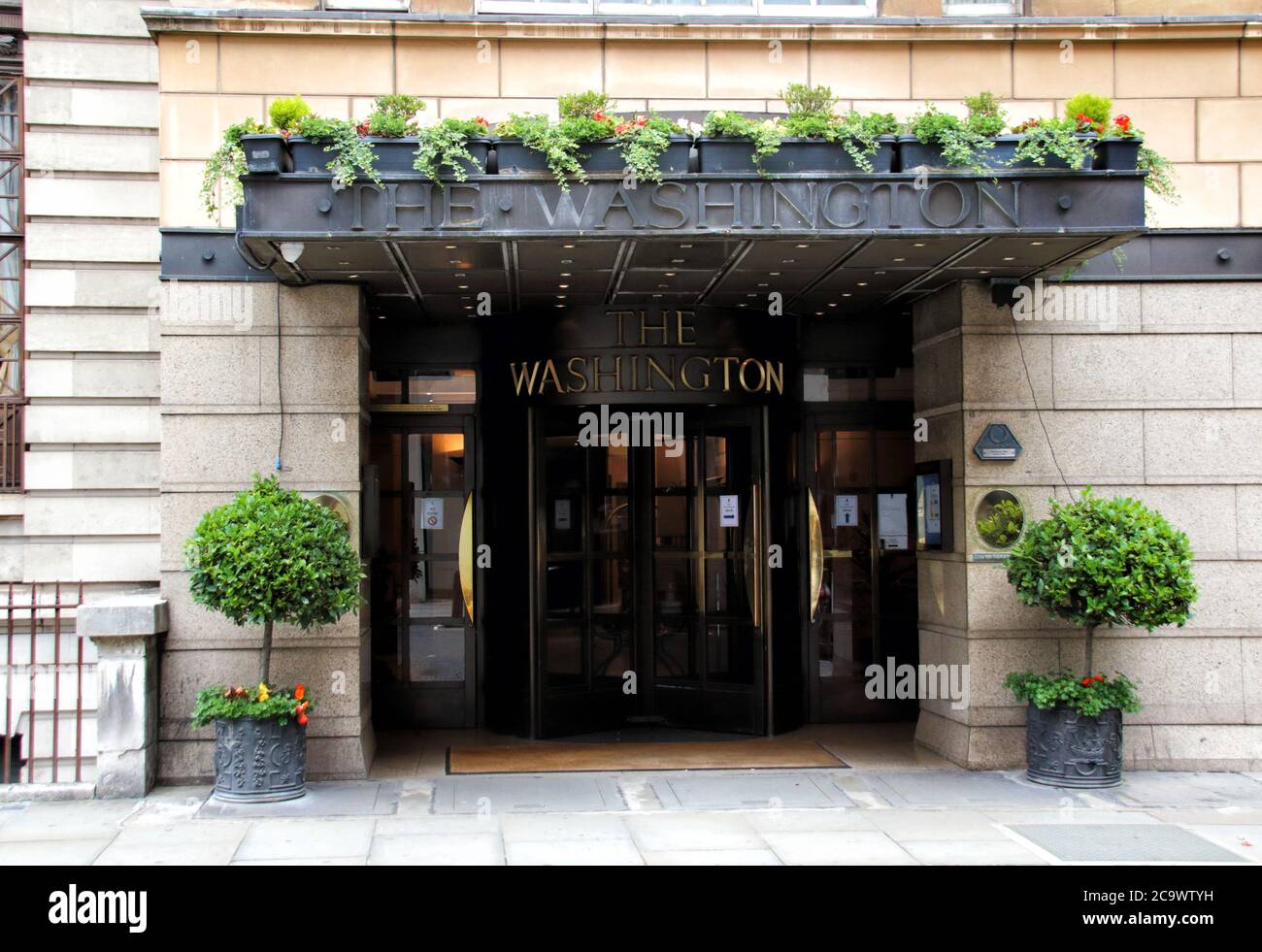 A view of the Washington Mayfair Hotel.Many of London's 5 star Luxury Hotels which are world renowned are still closed, despite the government's loosening of the hospitality sector's restrictions. With travel from the USA still minimal and weddings, society gatherings and corporate events at hugely reduced levels, these high end destinations are either closed or running on skeleton staffing. Stock Photo