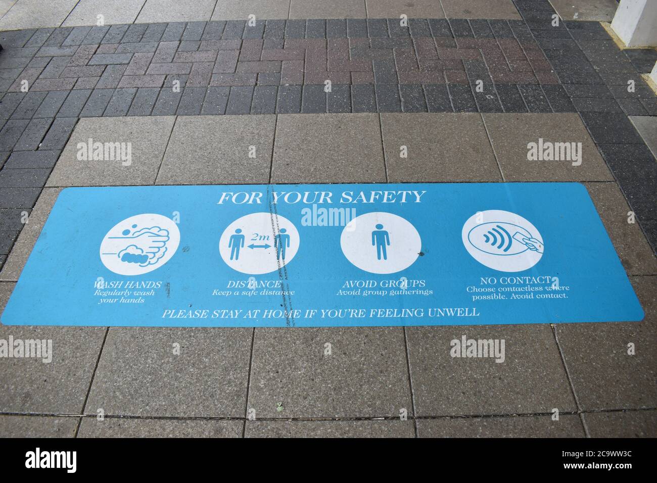 Signs showing Covid-19 precautions at Kingston shopping centre, Milton Keynes. Stock Photo