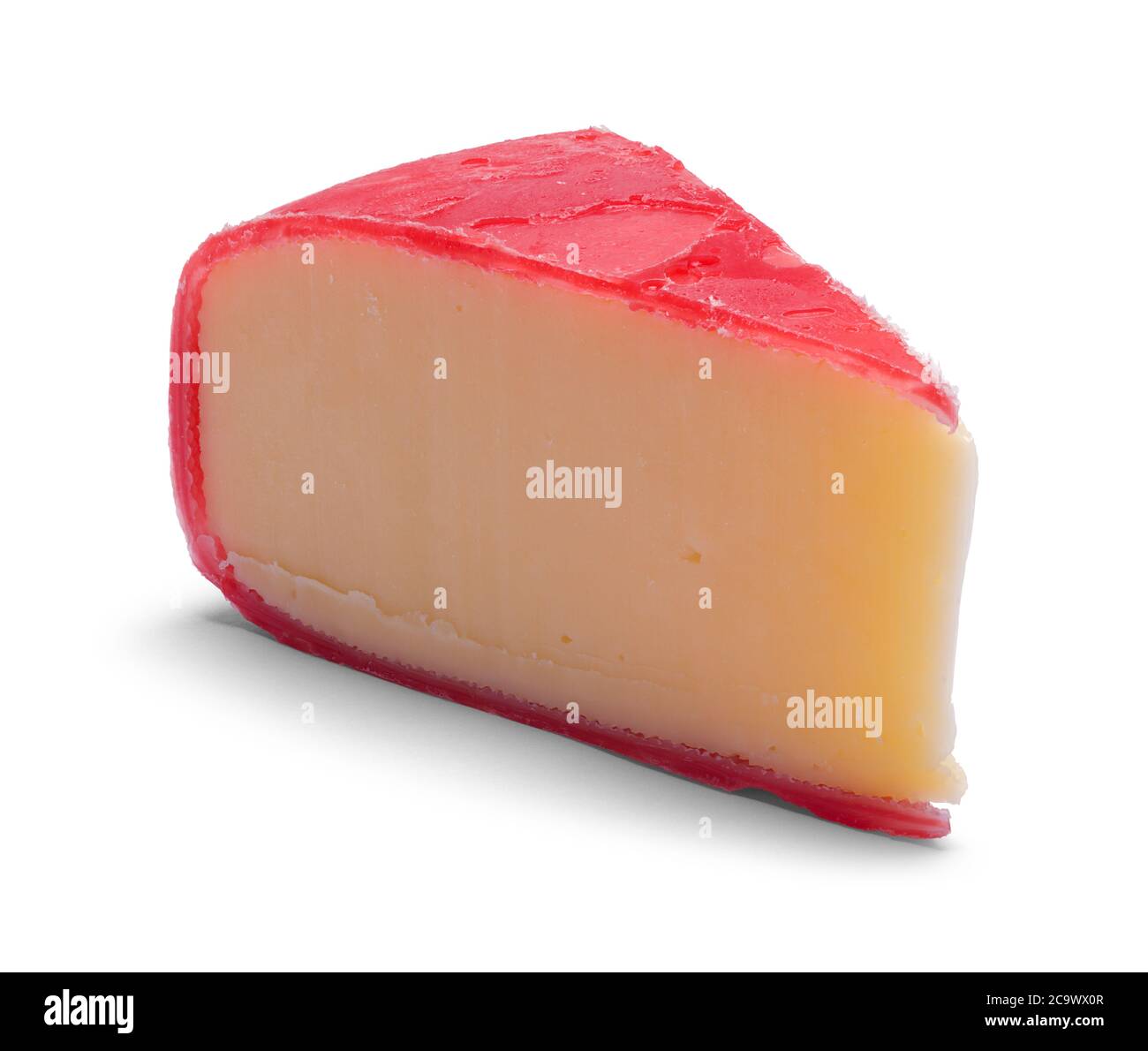 Slice of Gouda Cheese with Red Wax Isolated on White. Stock Photo