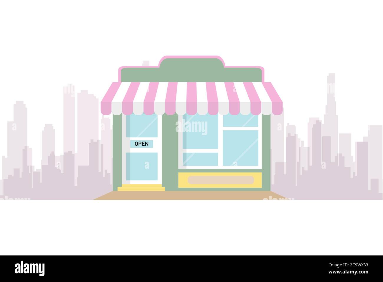 Storefront in city vector illustration, restaurant cafe or store building on town street landscape, flat cartoon style shop facade front view Stock Vector