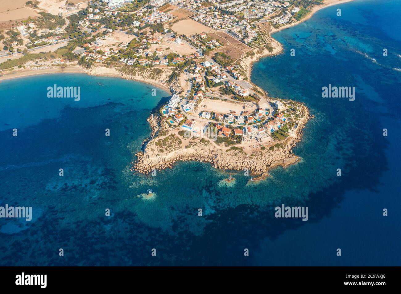 Aerial view of Cyprus coastline with blue sea. Stock Photo