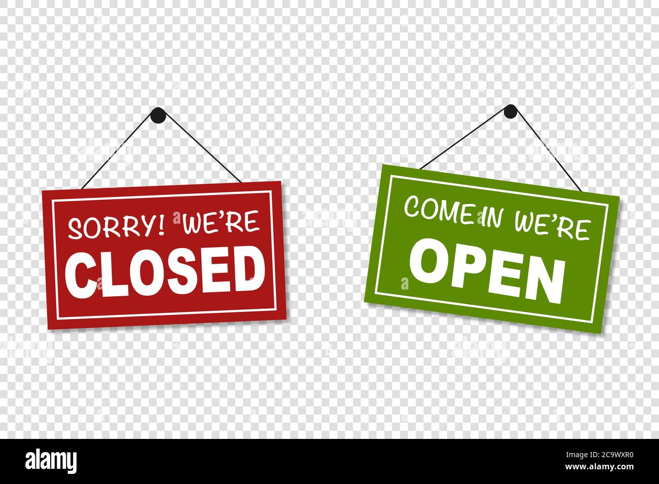 Come in we are open and sorry we are closed signs vector isolated. Green and red board for the shop. Information sign. Stock Vector