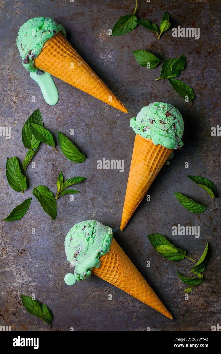 Mint Chocolate Chip Ice Cream Cone Stock Photo - Alamy