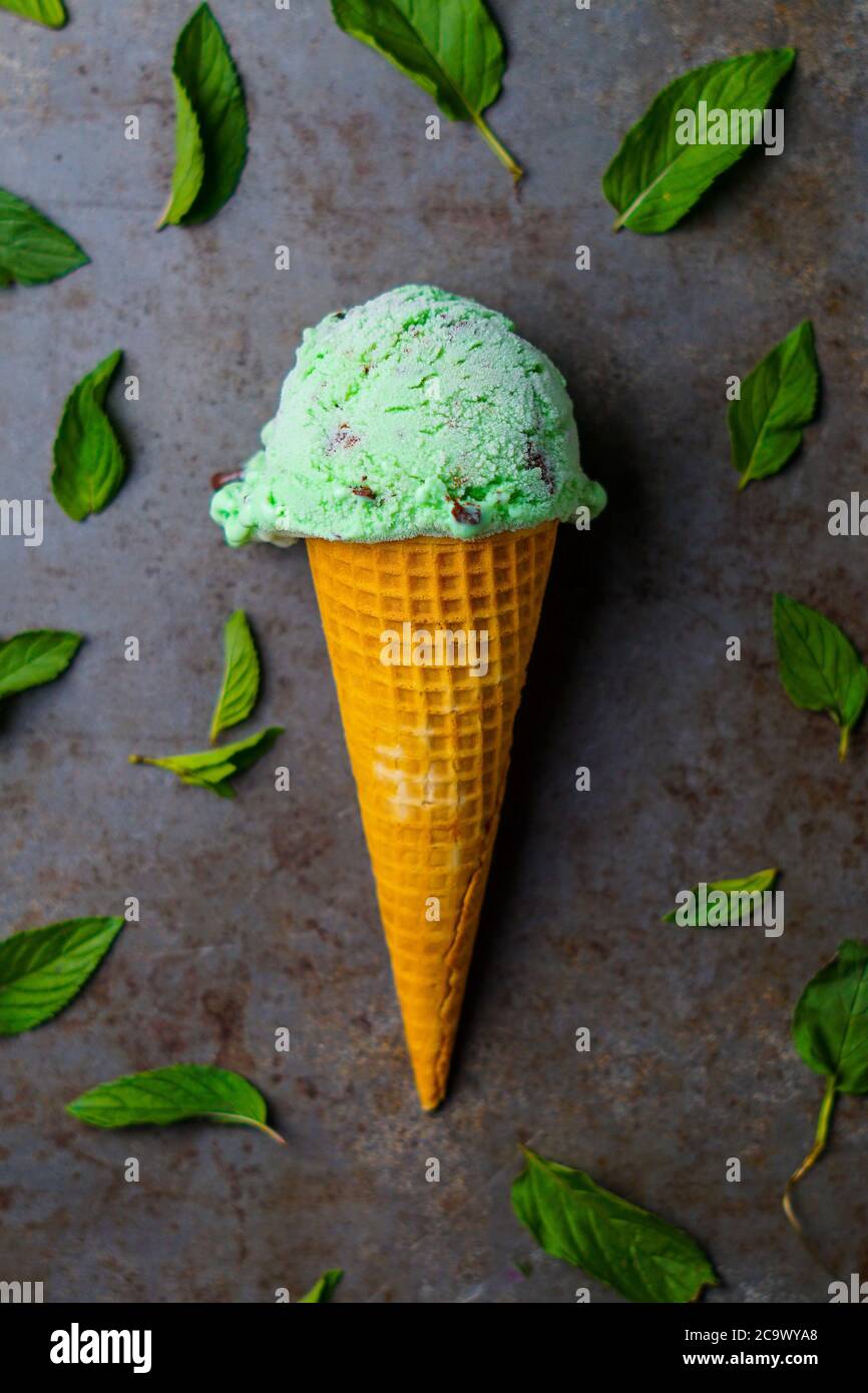 Mint Chocolate Chip Ice Cream Cone Stock Photo - Alamy