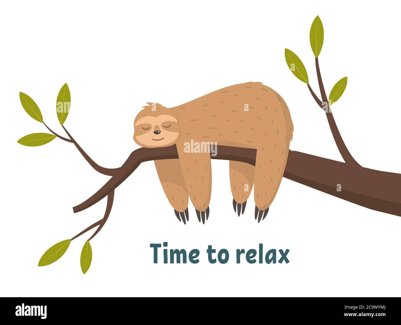 Cute sloth sleeping, resting on tree branch isolated on white background. Time to relax, concept vector illustration Stock Vector