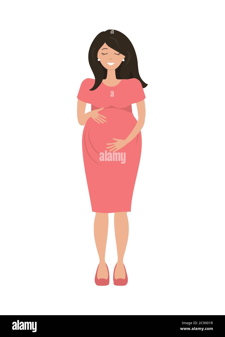 Pregnant woman in red dress isolated on a white background. A smiling woman holds her hands on her stomach. Vector illustration in cartoon style Stock Vector