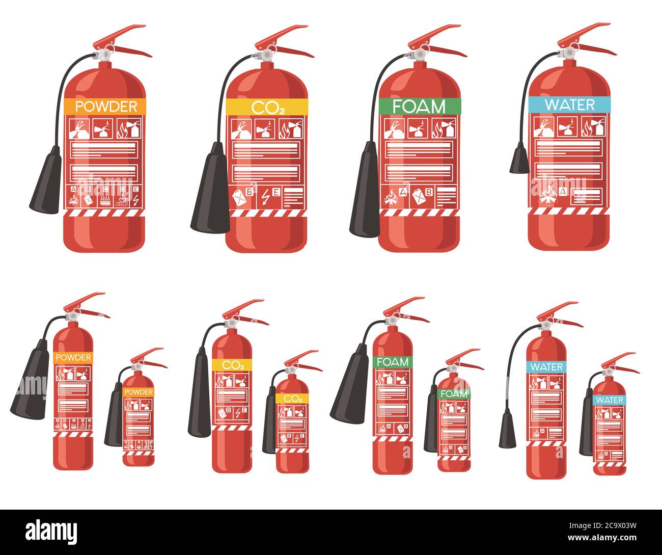 Set of different type and size fire extinguisher flat vector illustration isolated on white background fire safety first Stock Vector