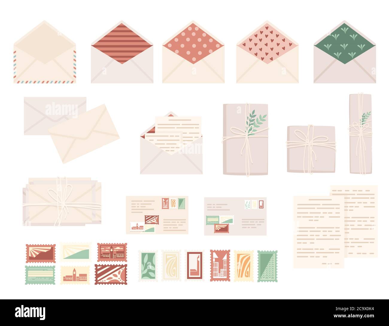 Big set of postal stamps with postage envelope and paper packages flat