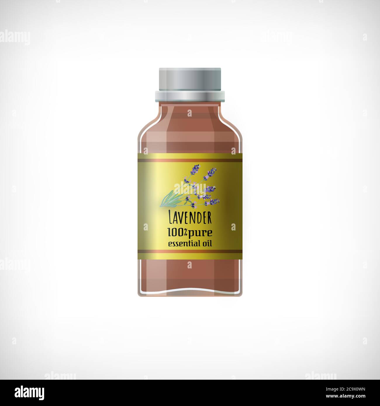 Glass container for essencial oil. Transparent brown medical bottle icon. Text Lavender 100% pure essential oil. Realistic effect. Glass bottle. Stock Vector