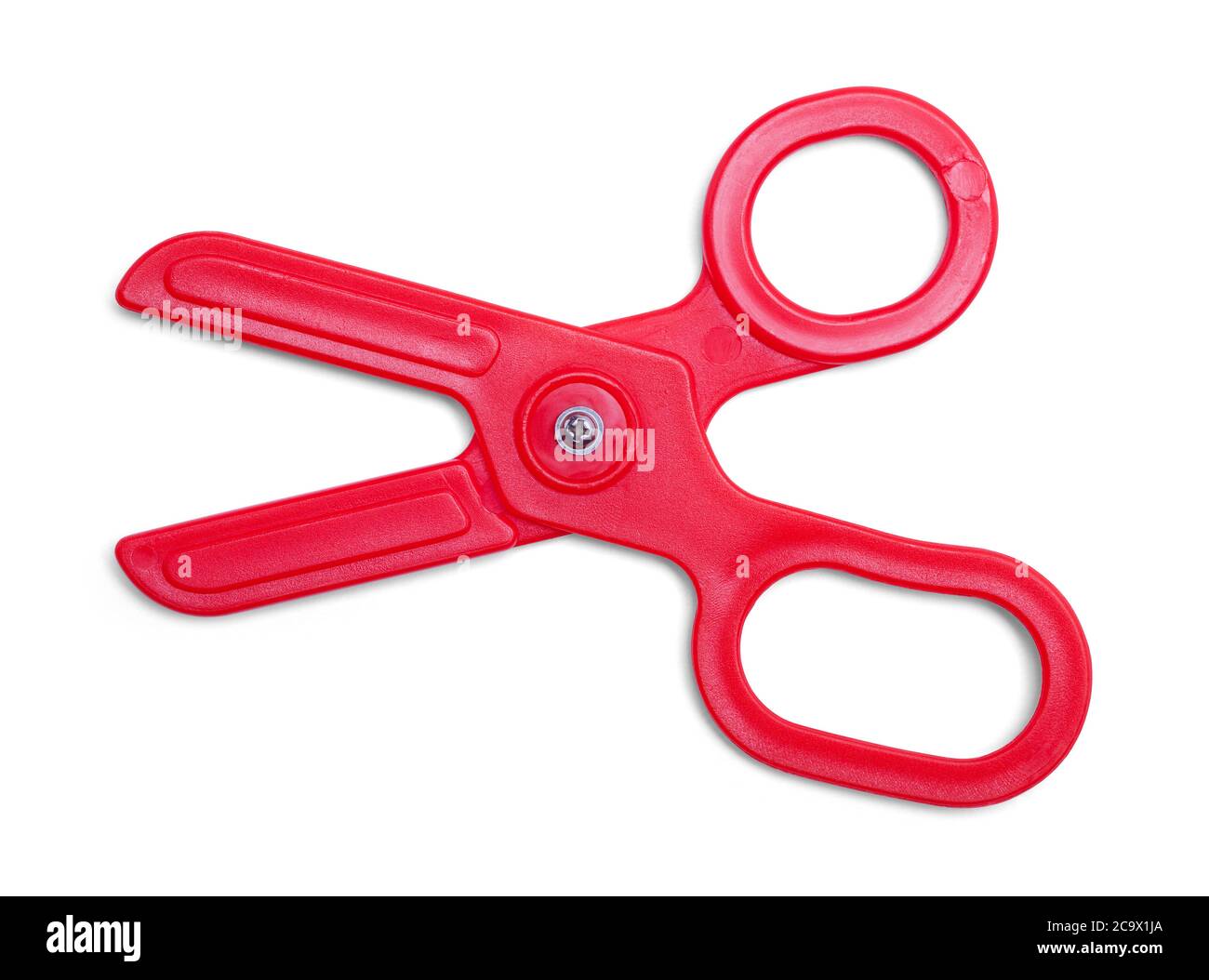 Red Plastic Toy Scissors Isolated on White. Stock Photo