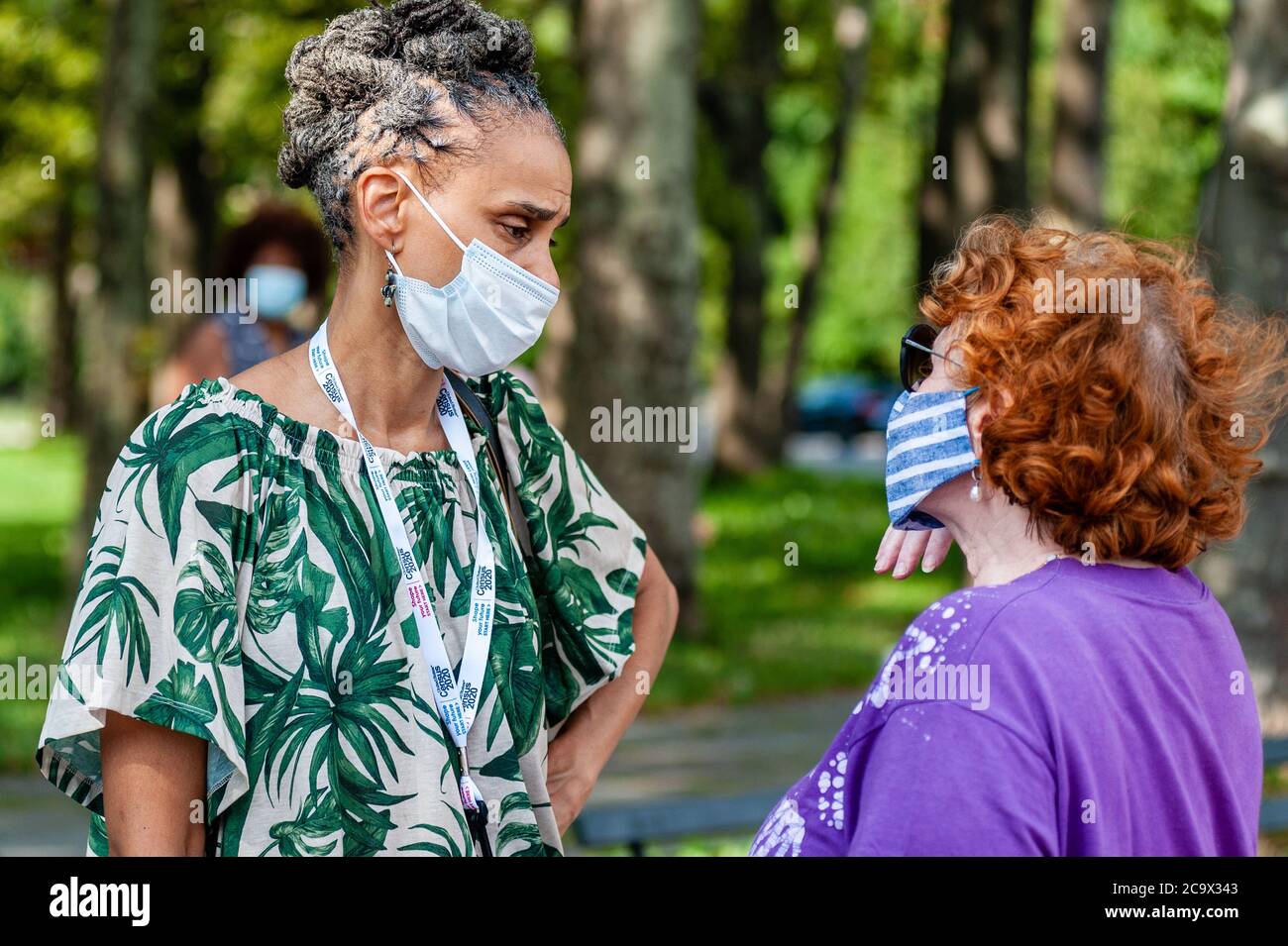 Brooklyn, United States Of America . 02nd Aug, 2020. Potential candidate for NYC Mayor, Professor Maya Wiley talks to NY State Assemblywoman Jo Anne Simon at a 2020 Census rally in Brooklyn, New York, on August 2, 2020. (Photo by Gabriele Holtermann/Sipa USA) Credit: Sipa USA/Alamy Live News Stock Photo