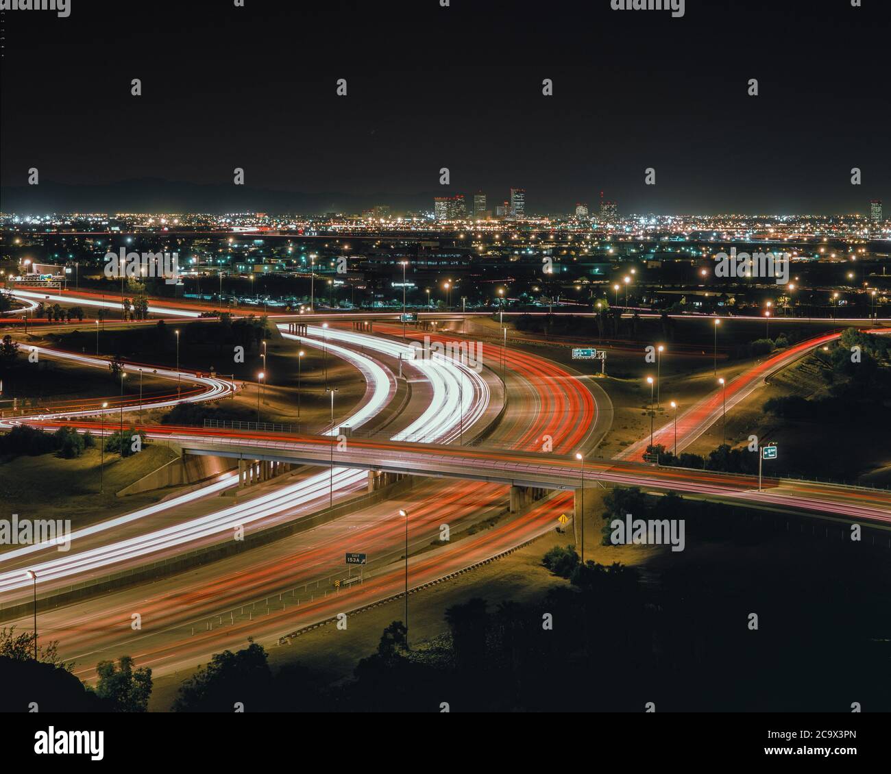 Phoenix  AZ / SEPT Nighttime automobile light trail on I-10 entering the city from the south.. Stock Photo