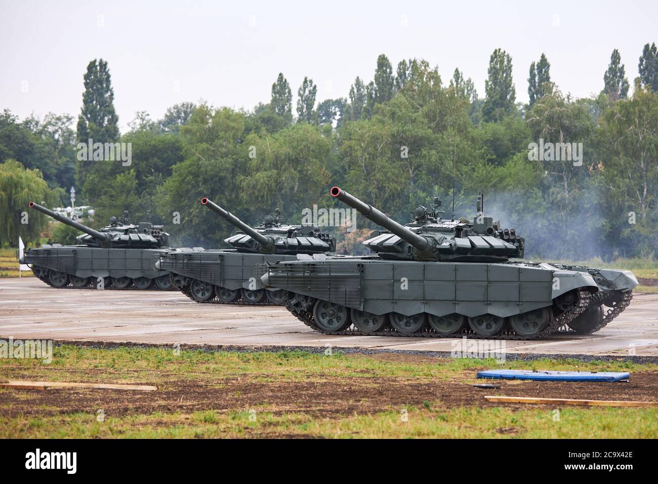 Sambek, Rostov region, Russia, June 28, 2019: International military technical forum ARMY-2019. Three T-90 tanks stand in a row Stock Photo