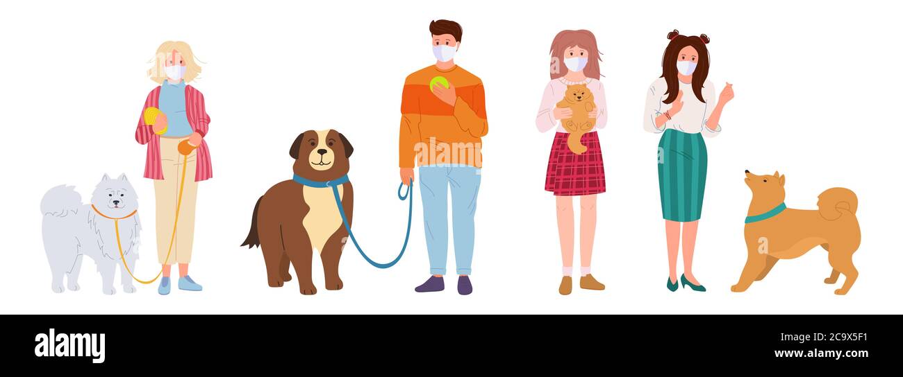 People in white medical face mask walking dogs. Pet flat cartoon set. Coronavirus Covid 19, girl and guy playing with dog. Shepherd and husky, Spitz. Isolated vector illustration Stock Vector