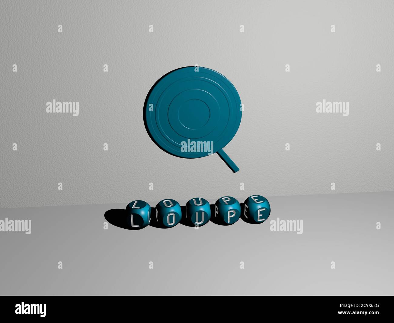 3D representation of loupe with icon on the wall and text arranged by
