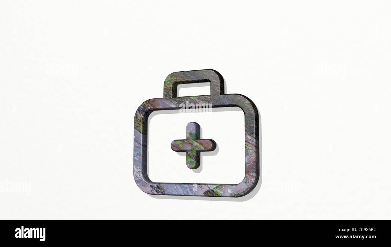 hospital first aid on the wall. 3D illustration of metallic sculpture ...