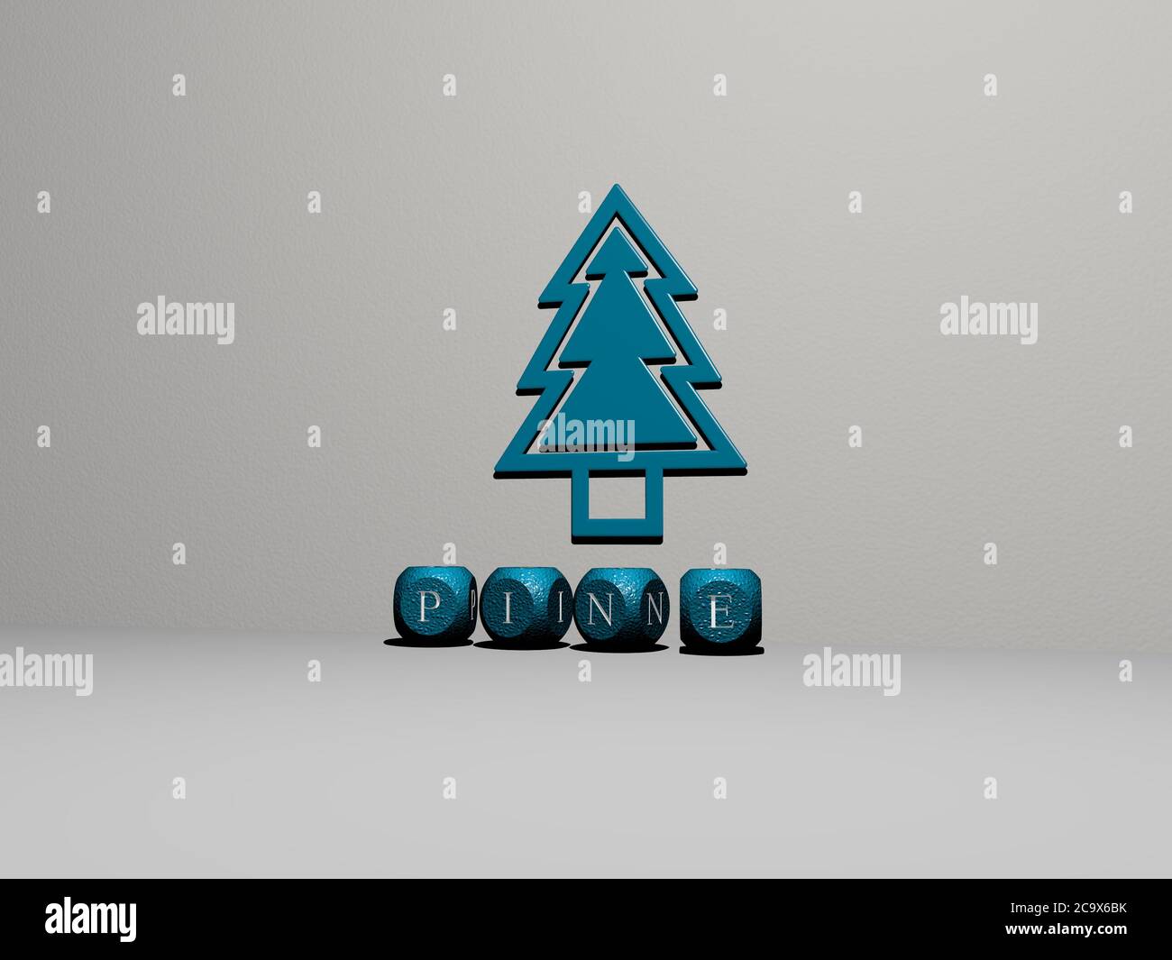 3D illustration of pine graphics and text made by metallic dice letters for the related meanings of the concept and presentations. background and forest Stock Photo