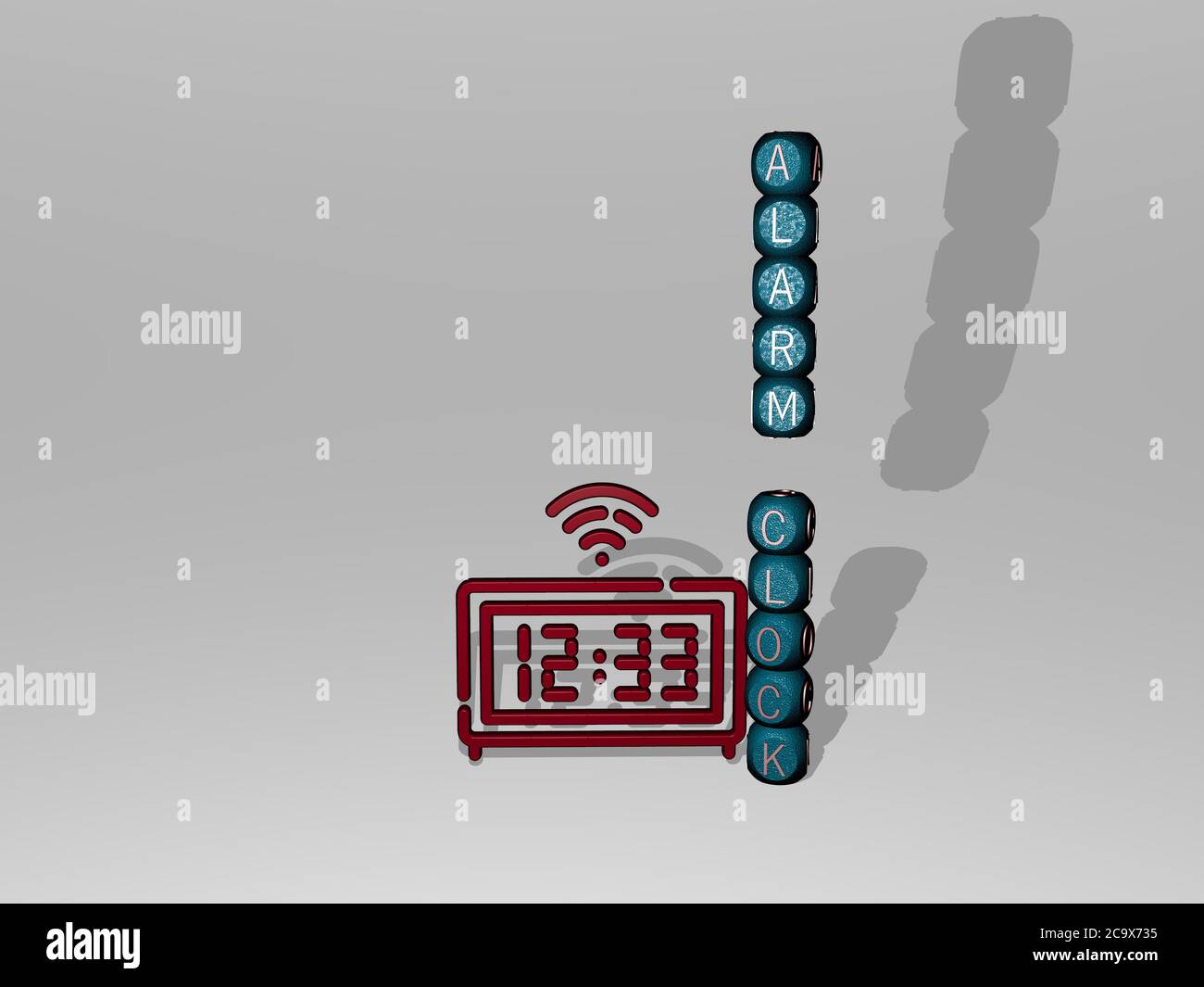 3D illustration of alarm clock graphics and text around the icon made