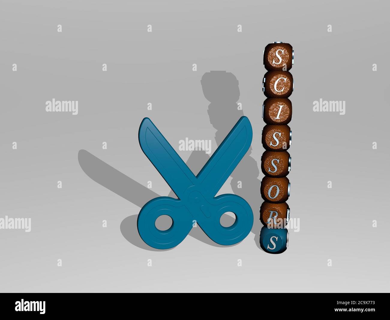 3D representation of scissors with icon on the wall and text arranged ...