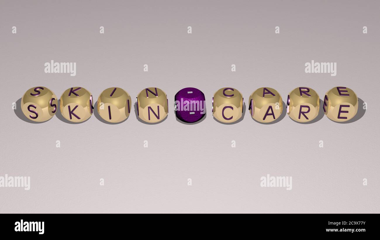 crosswords of SKINCARE arranged by cubic letters on a mirror floor