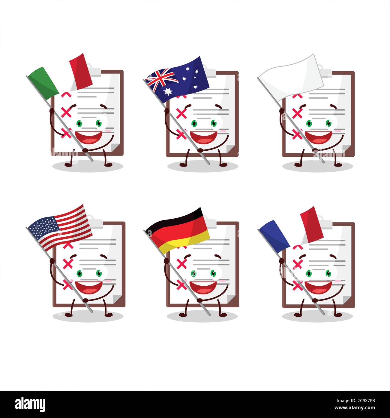 Clipboard with cross check cartoon character bring the flags of various ...
