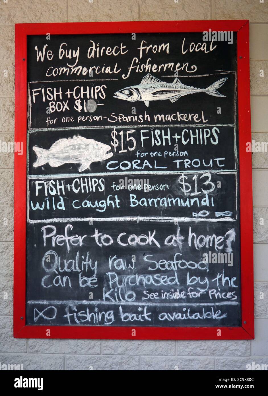 Menu blackboard at Gutted & Grilled seafood shop, Cooktown, Queensland, Australia. no PR Stock Photo