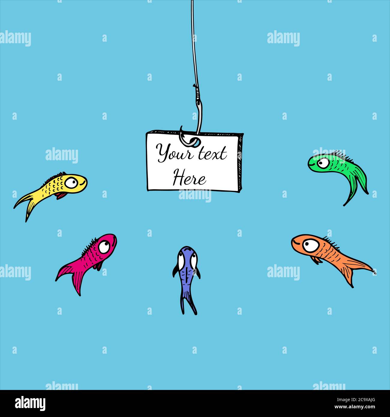 White board with inscription under the water. A board on a hook. Fishes looks at the ad. Hand drawn vector illustration. Stock Vector