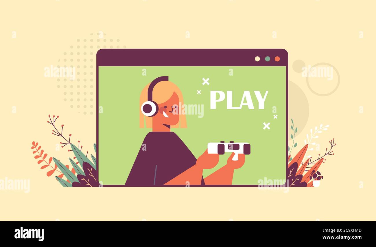 blonde woman in headphones playing video games girl having fun web browser window horizontal portrait vector illustration Stock Vector
