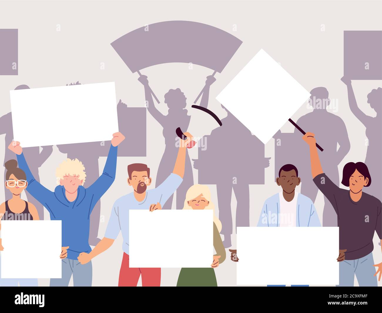 people with banners and signs are protesting, people raised fist and ...
